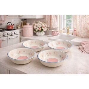 Vintage 90's Newcor Stoneware Pink Floral Bowls Blue Rim Cottagecore Set 4